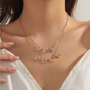 Gold Rhinestone Decor Multi-Layer F*uck Off Necklace